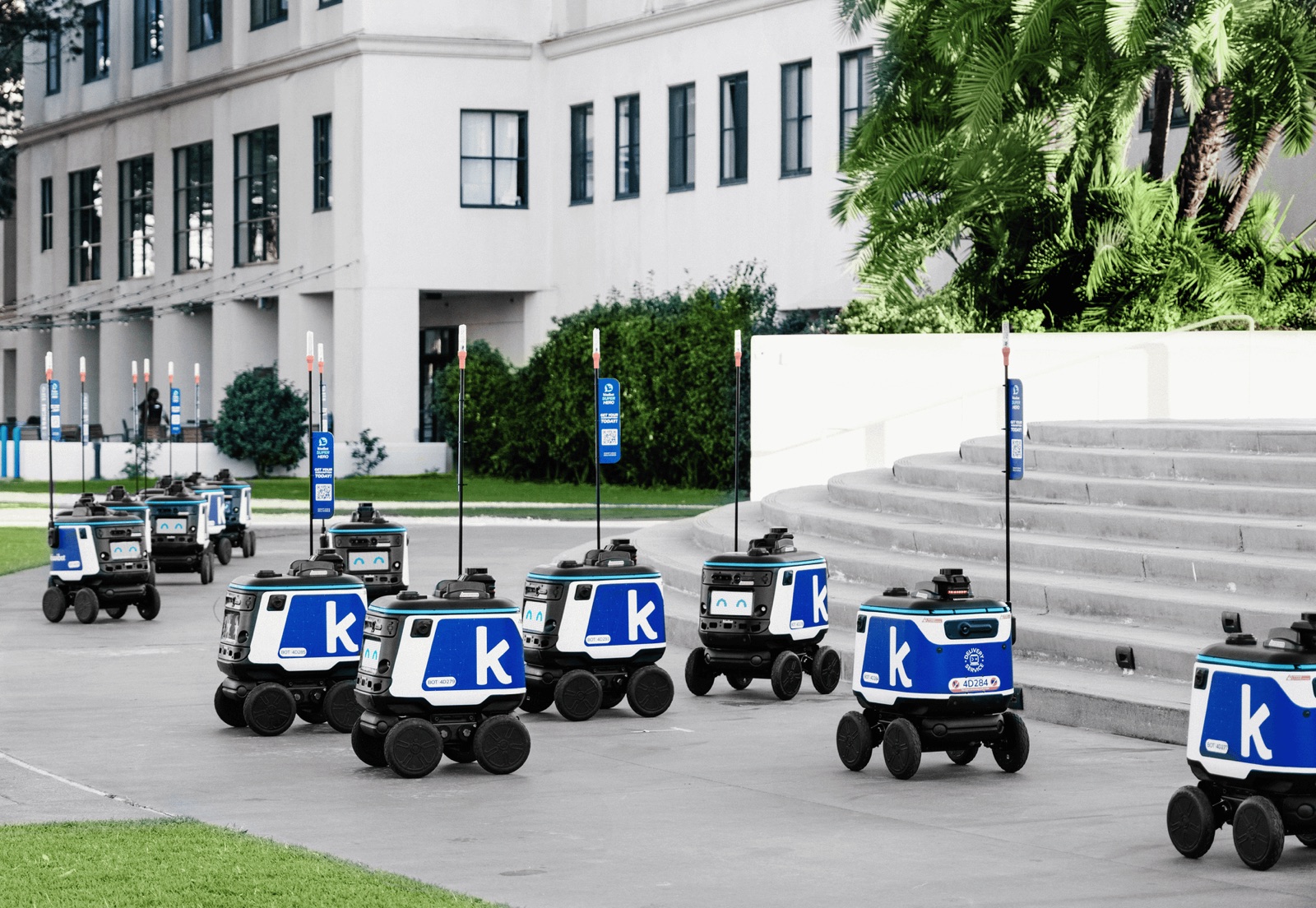Fleet of matching autonomous delivery robots, illustrative product photograph